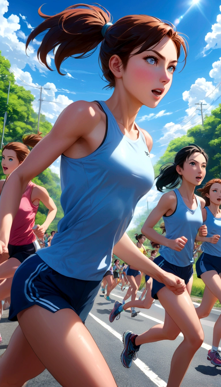 score 9, source anime, wide shot, multiple girls, Women marathoners running on the road while the roadside is packed with spectators, dynamic angle, perfect face, playful expression, low ponytail, sweat, outdoor, blue sky, shiny day, dramatic lighting, cinematic, best quality, 8k, masterpiece, ultra-detailed,