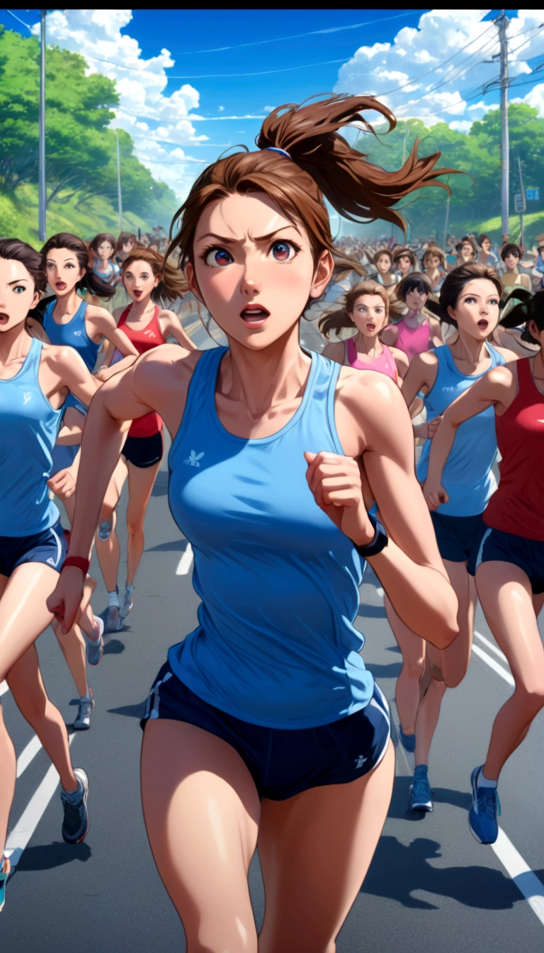 score 9, source anime, wide shot, multiple girls, Women marathoners running on the road while the roadside is packed with spectators, dynamic angle, perfect face, playful expression, low ponytail, sweat, outdoor, blue sky, shiny day, dramatic lighting, cinematic, best quality, 8k, masterpiece, ultra-detailed,