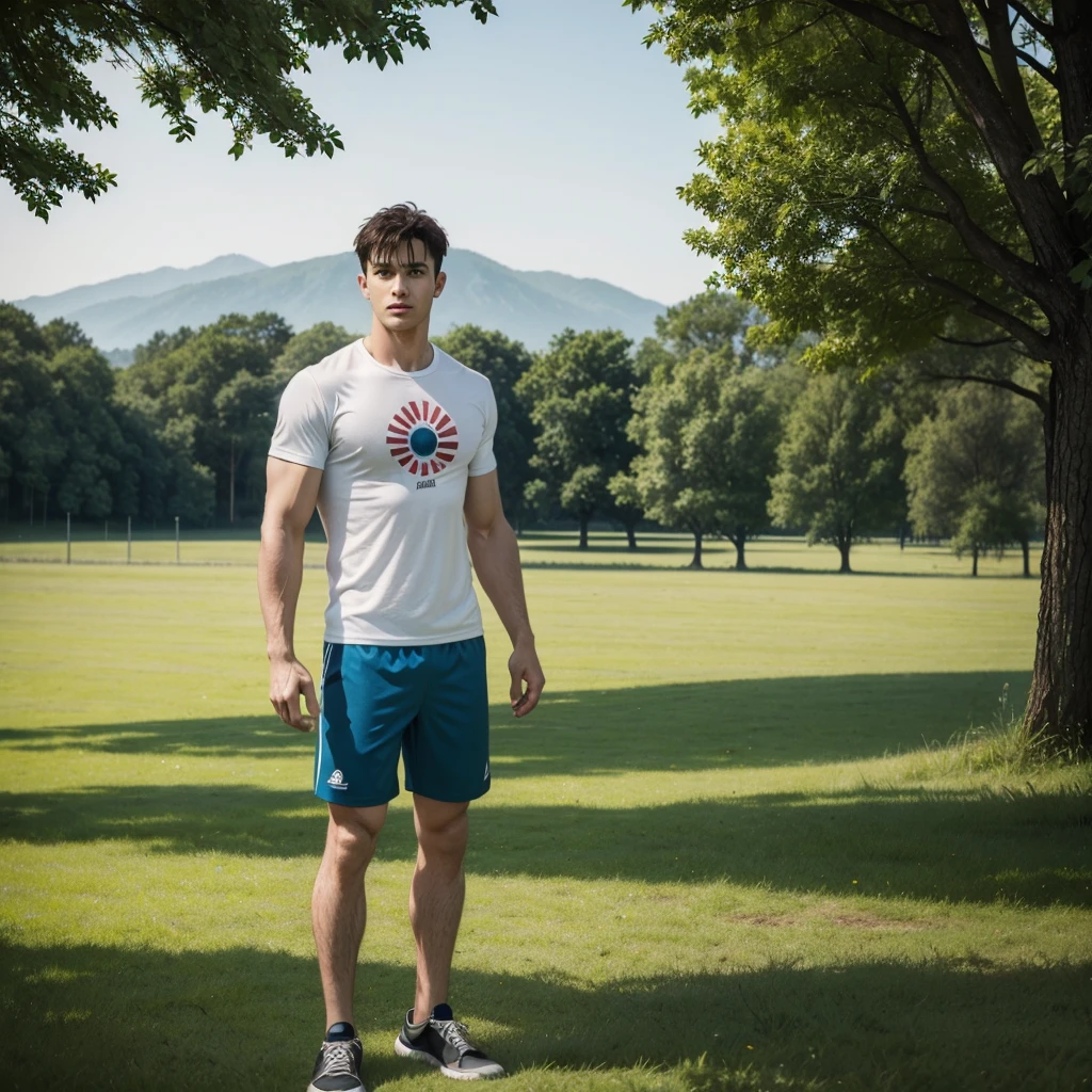 A very handsome man agged 39 yo with athletic body and fringe up hair as if a shower gel advertisement, active, clowded, standing, wearing a tshirt and casual shoes.The setting shows an open field with trees and a lake in the distance