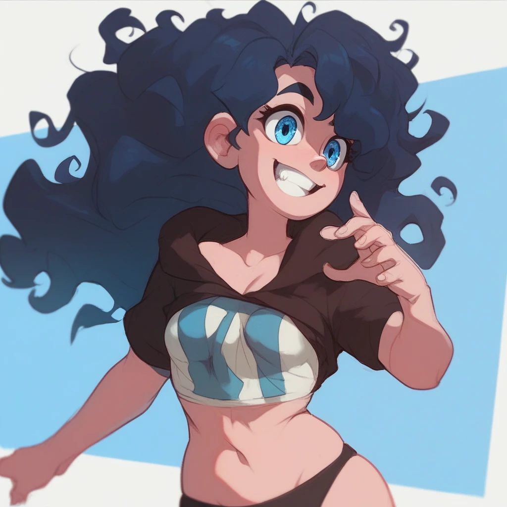 Ralph Bakshi style, curvy blue eyed girl with long wavy black hair and small breasts, (extreme):3.0