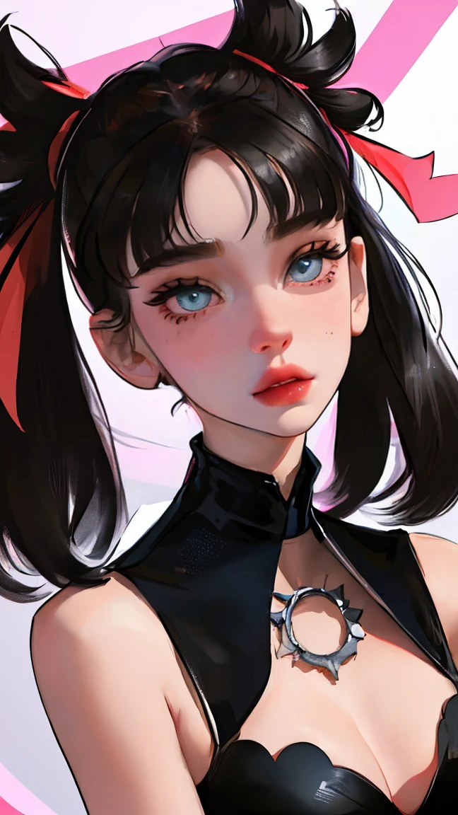 close up of face, Marnie (pokemon), punk, sucubbus, beautiful eyes, aqua eyes, choker, red ribbon, Side bangs, black hair, Voluminous hair, side ponytails, black lether jacket, pink lingerie, big breasts, london backgrond, (beautiful detailed face, beautiful detailed eyes), High contrast, (best illumination, an extremely delicate and beautiful), ((caustic, sexy, charming, seductive)), british woman, arms down, upper body, Adult, 26 years, russian woman, adult woman, style boobapad, London background, Big Ben, fluffy clouds, upper body, portrait, breast focus, 1girl, perfect breasts, big breasts, asymmetrical bangs, asymmetrical hair, bangs, huge breasts, half shaved haircut Pink ribbons in hair, Black choker, nipples.