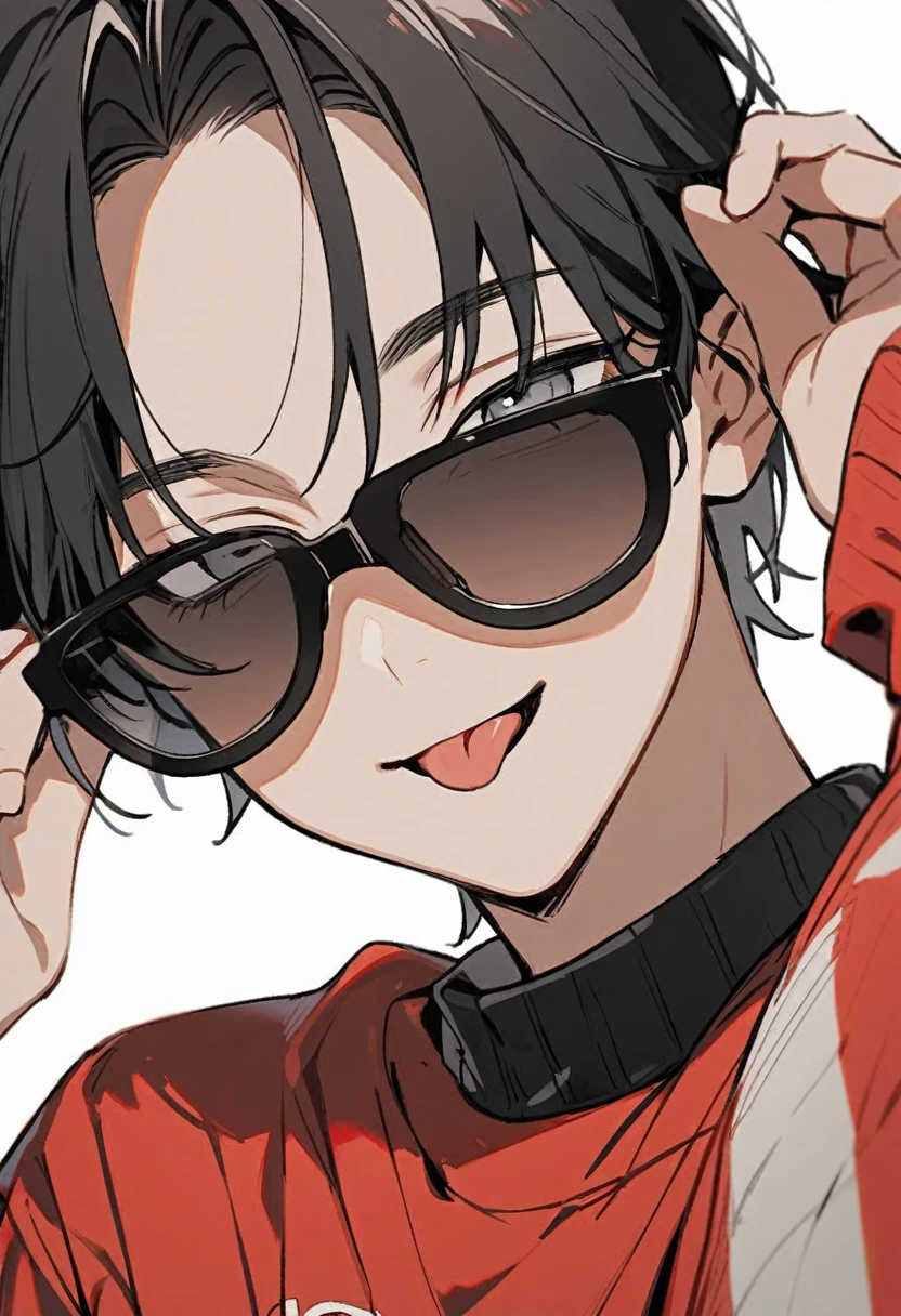 1 young boy, Bblack hair, gray eyes, black leather sweatshirt, Red shirt, sunglasses,he holding the tip of his glasses, corner smile, showing the tongue, tilted face, White background