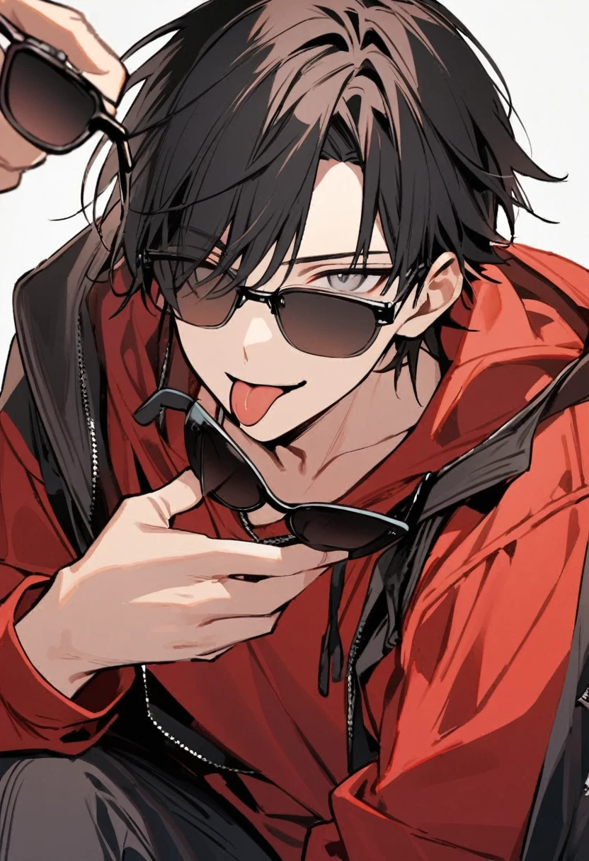 1 young boy, Bblack hair, gray eyes, black leather sweatshirt, Red shirt, sunglasses,he holding the tip of his glasses, corner smile, showing the tongue, tilted face, White background 