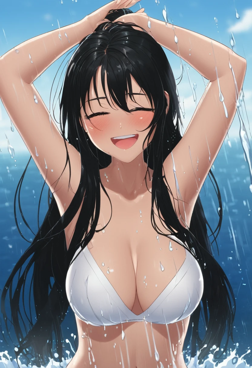 (high quality),(details),(nsfw),
(a girl),(arms up),(black long wet hair),
((soaking),(sweaty),(good posture),
((blushing)),((shy)),(big boobs),(giggling)