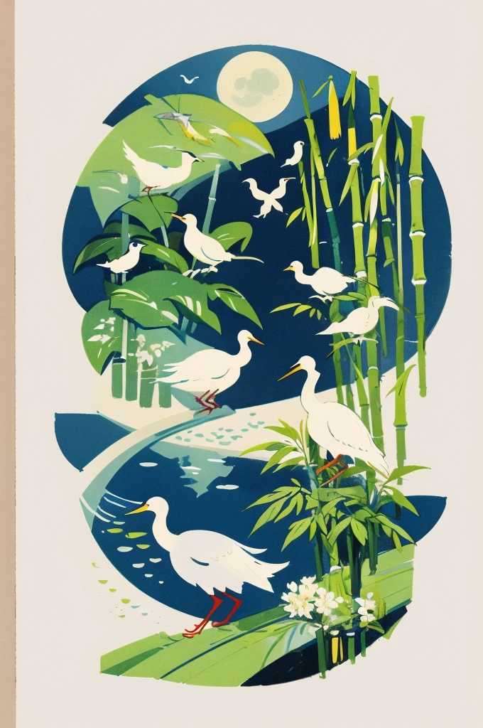 A pair of cranes, the moon, bamboo leaves, gardenia flowers