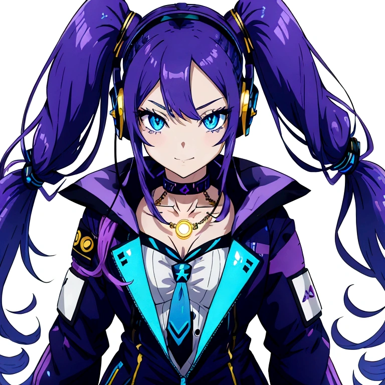 Anime girl with long purple hair, often in twin tails, with blue gradient tips. Vibrant blue eyes. Futuristic outfit with LED accents, typically in purple and white. Cyberpunk-style headphones. Gold accessories like necklace or tie pin. Confident and friendly expression. Sleek, high-tech appearance with a mix of pop and edgy elements."