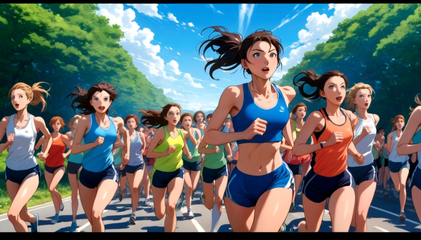 score 9, source anime, wide shot, multiple girls, Women marathoners running on the road while the roadside is packed with spectators, dynamic angle, perfect face, playful expression, low ponytail, sweat, outdoor, blue sky, shiny day, dramatic lighting, cinematic, best quality, 8k, masterpiece, ultra-detailed,