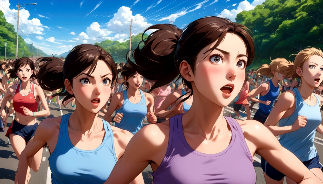 score 9, source anime, wide shot, multiple girls, Women marathoners running on the road while the roadside is packed with spectators, dynamic angle, perfect face, playful expression, low ponytail, sweat, outdoor, blue sky, shiny day, dramatic lighting, cinematic, best quality, 8k, masterpiece, ultra-detailed,