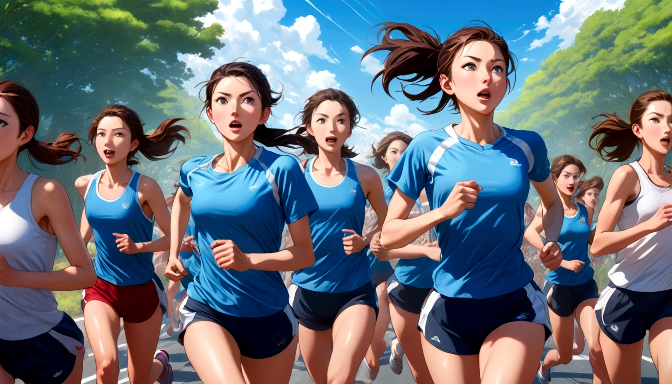 score 9, source anime, wide shot, multiple girls, Women marathoners running on the road while the roadside is packed with spectators, dynamic angle, perfect face, playful expression, low ponytail, sweat, outdoor, blue sky, shiny day, dramatic lighting, cinematic, best quality, 8k, masterpiece, ultra-detailed,