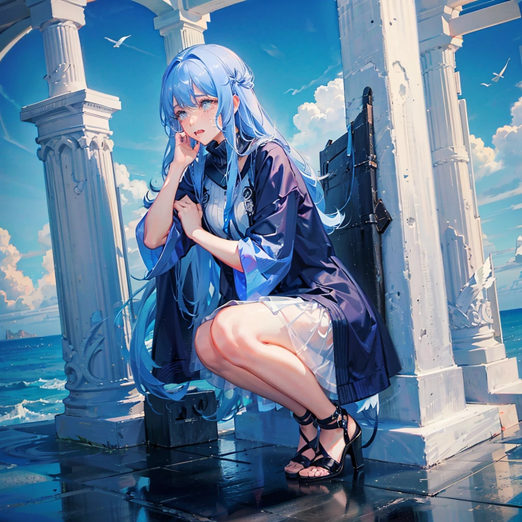 female, crying whilst looking at the sky, over a giant column of water, in the middle of the ocean, giant temple, on her knees