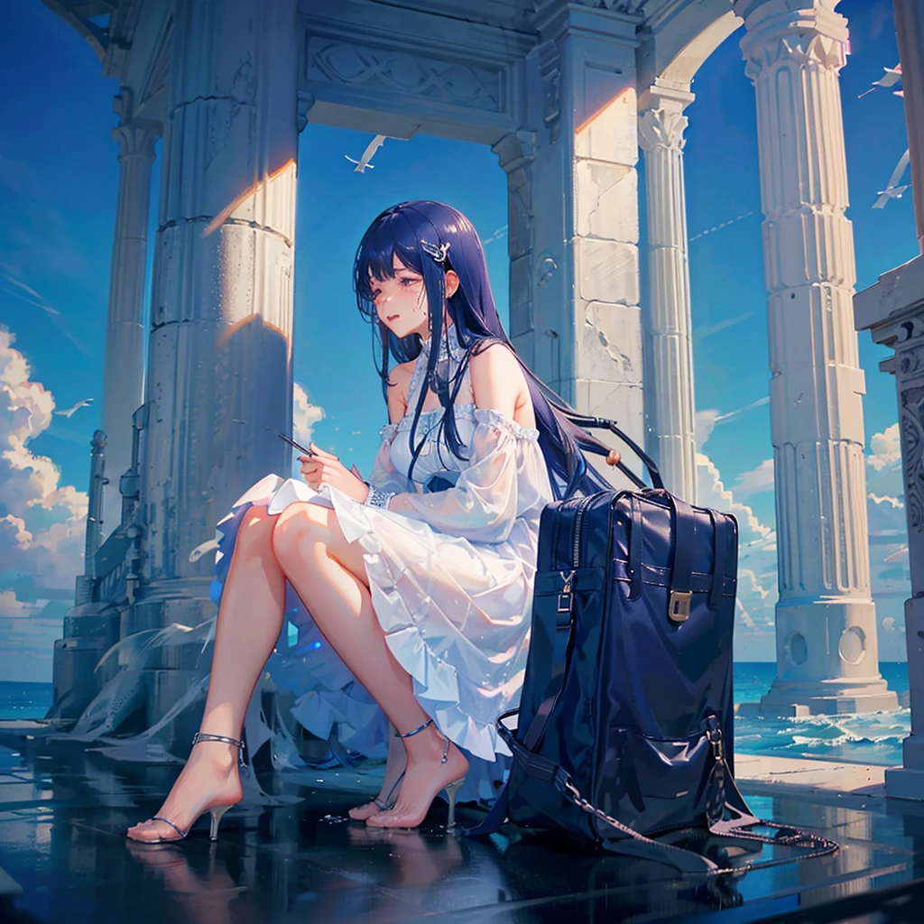 female, crying whilst looking at the sky, over a giant column of water, in the middle of the ocean, giant temple, on her knees