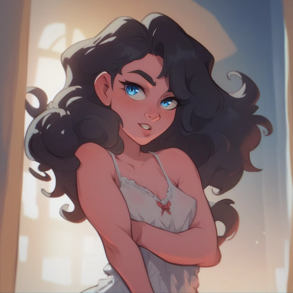 Ralph Bakshi style, curvy blue eyed girl with long wavy black hair and small breasts, nsfw:3.0