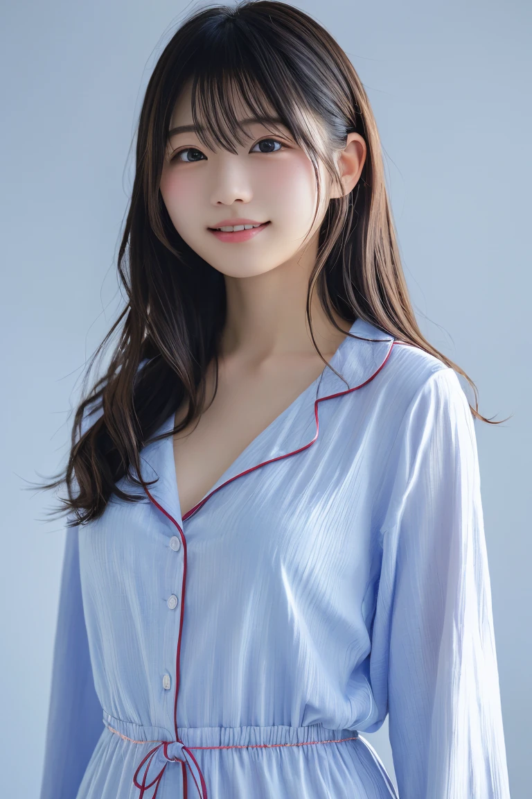 Medium shot,pajamas,best quality, Asian women、吊带白色丝绸pajamas、Very large bust、Clearly outlined,Clear waist,long hair、Smile、白色pajamas紧紧贴合身体曲线。Highlights are clear,Solid blue background。