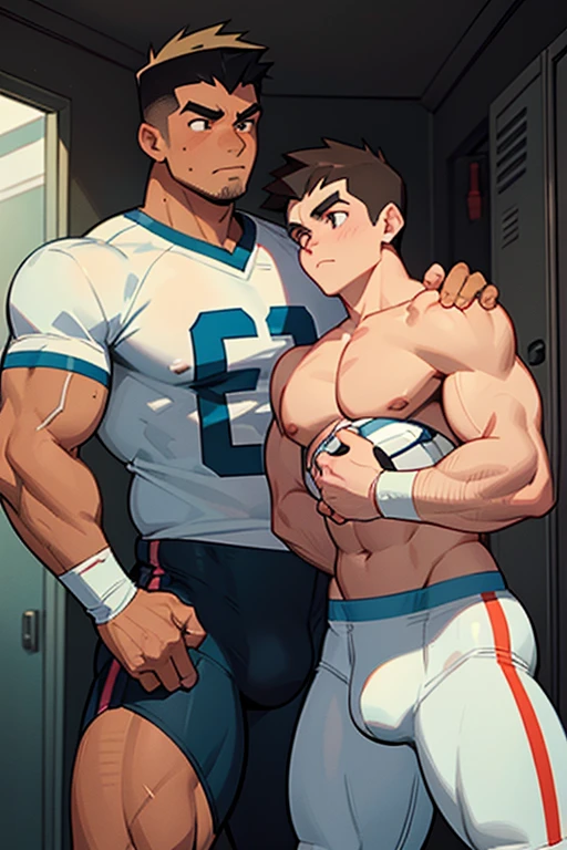 Danny Phantom, ghost, hypnosis, jock, conversion, locker room hallway, hyper muscles, jockstrap, bro, meathead, hypnotized, brainwashed, brainwashing, big dumb jock, football. Glowing eyes. Hyper crotch bulge. Massive bulging crotch. Big balls. Big biceps. Big triceps. Big traps. Broad shoulders. Big meaty pecs. Big thighs. Thick glutes. Hyper muscles. Flat top buzz cut. Football team assimilation. Clothes turning into a football uniform. Danny Fenton turning into Dash Baxter. Black hair turning blonde. Twinning. Both are sneering. Cocky smirk. Dash whispering in Danny Fenton's ear. Danny Fenton obeying Dash Baxter as Dash Baxter says, "Don't worry, Fenton. You'll like being me. Now shove that nerd into the locker like a good jock. You know you want to...."