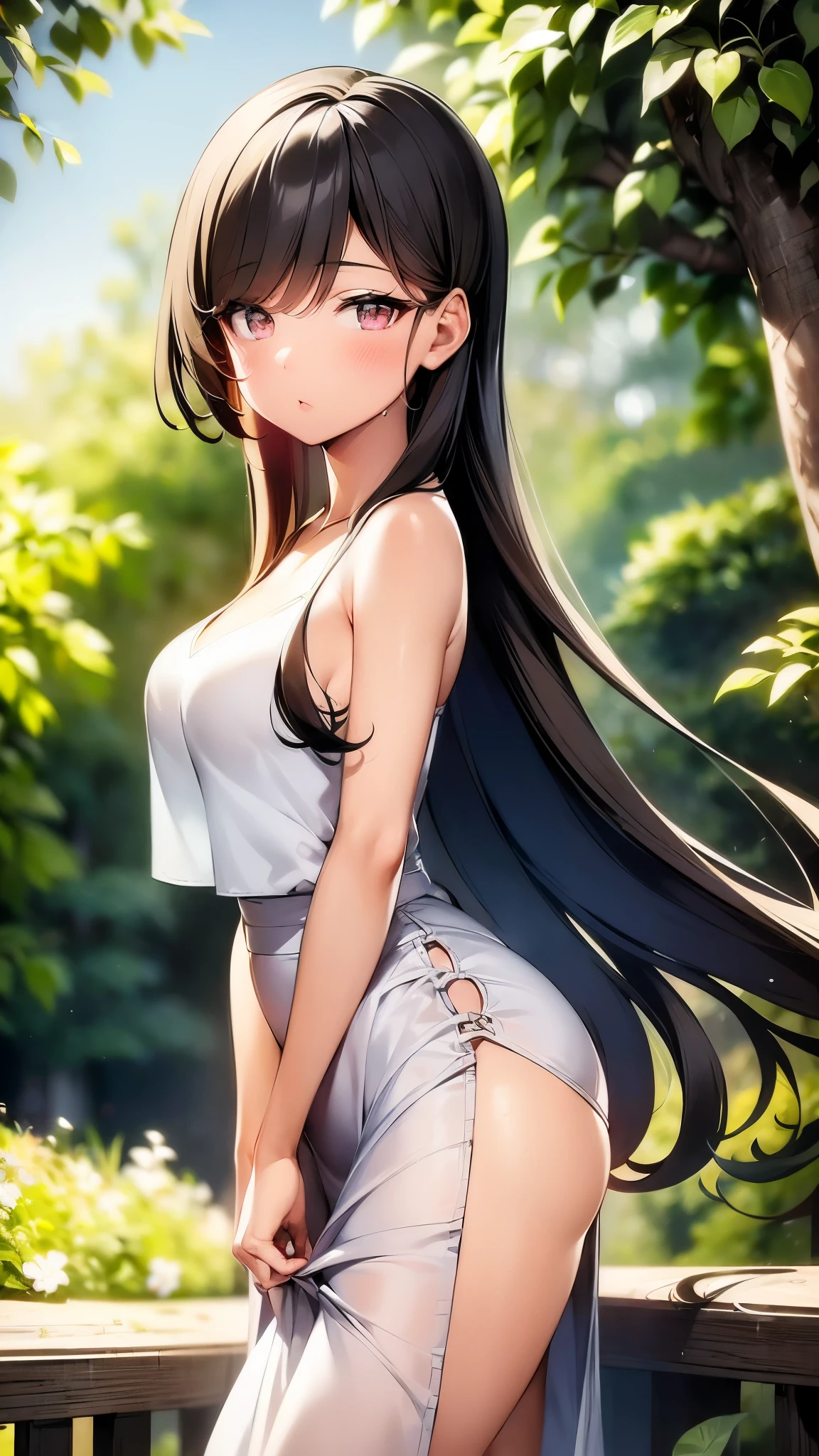 1 lady, Beautiful asian lady, Long straight hair, beautiful face, detailed face, delicate eyes, detailed pupil, beautiful and delicate lips, white camisole long skirt, Simple and stylish, hand drawn animation, high detailed, outdoor, blush, shy, heart, in love, symmetrical clothes, best quality, masterpiece, retina
