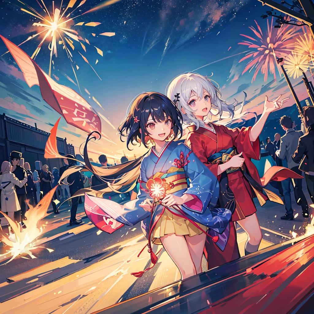 Couple,(Boy 1:Girl 1)Lovely,Date,Love love,smile,Fleeting,romantic,atmosphere,landscape,firework,Night Sky,たくさんのfirework,summerfestival,turn around,Girl is wearing a kimono,Hand in hand,Night Skyに美しいfirework,たくさんのfirework,綺麗なNight Sky,summer,festival,Young people,Throb