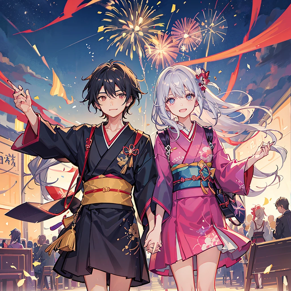 Couple,(Boy 1:Girl 1)Lovely,Date,Love love,smile,Fleeting,romantic,atmosphere,landscape,firework,Night Sky,たくさんのfirework,summerfestival,turn around,Girl is wearing a kimono,Hand in hand,Night Skyに美しいfirework,たくさんのfirework,綺麗なNight Sky,summer,festival,Young people,Throb