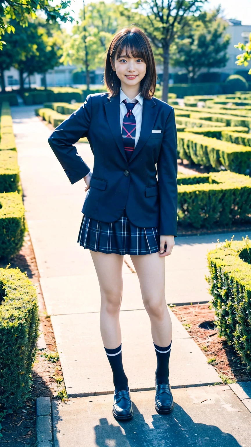 (8K、RAW Photos、Highest quality、masterpiece:1.2)、(Realistic、Realistic)、1 Girl、((Black Check Mini Skirt、High School Uniform、smile、blazer、Navy Socks、loafers、Medium Hair、garden、View from the front、Looking into the camera、Stand with hands on hips))、cute