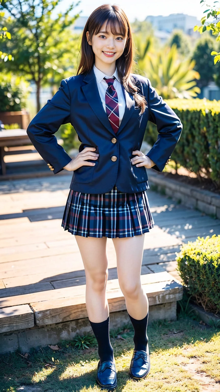 (8K、RAW Photos、Highest quality、masterpiece:1.2)、(Realistic、Realistic)、1 Girl、((Black Check Mini Skirt、High School Uniform、smile、blazer、Navy Socks、loafers、Medium Hair、garden、View from the front、Looking into the camera、Stand with hands on hips))、cute