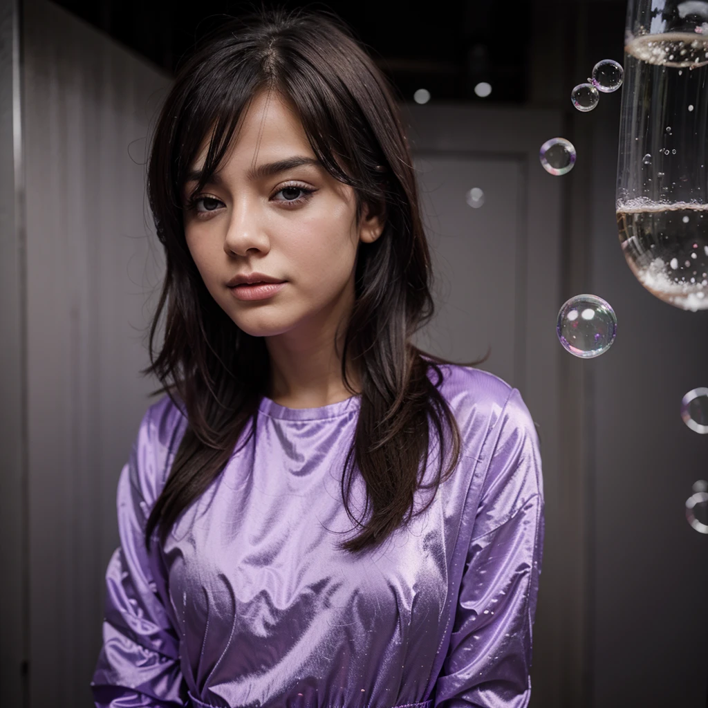 standing alone, 1 girl, purples eyes, cabelo roxo, bubble, gazing at viewer, portraite, half-closed eyes, shorth hair, cloused mouth,shiny bubbles,bubbles, colour shining in bubble, reflective bubbles,bubbles ,bubbles all around, turning into bubble
