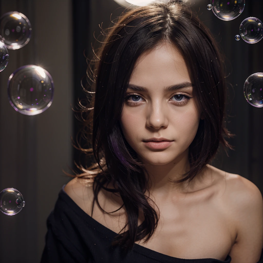 standing alone, 1 girl, purples eyes, cabelo roxo, bubble, gazing at viewer, portraite, half-closed eyes, shorth hair, cloused mouth,shiny bubbles,bubbles, colour shining in bubble, reflective bubbles,bubbles ,bubbles all around, turning into bubble