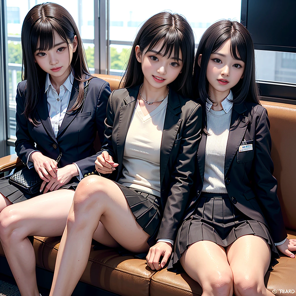 Highest quality，masterpiece，Ultra-high resolution, Very detailed, 8K，a 15 years old beautiful Japanese woman:1.5, Small face, Black Hair, blunt bangs,　Breast Augmentation Surgery, (High school uniform:1.5, Pleated skirt, White panties, bag), 　Spread your legs、　Sitting in a Yamanote Line train、　Skirt flip、　Provocative smile、　face to face、　There&#39;s a vibrator in the panties