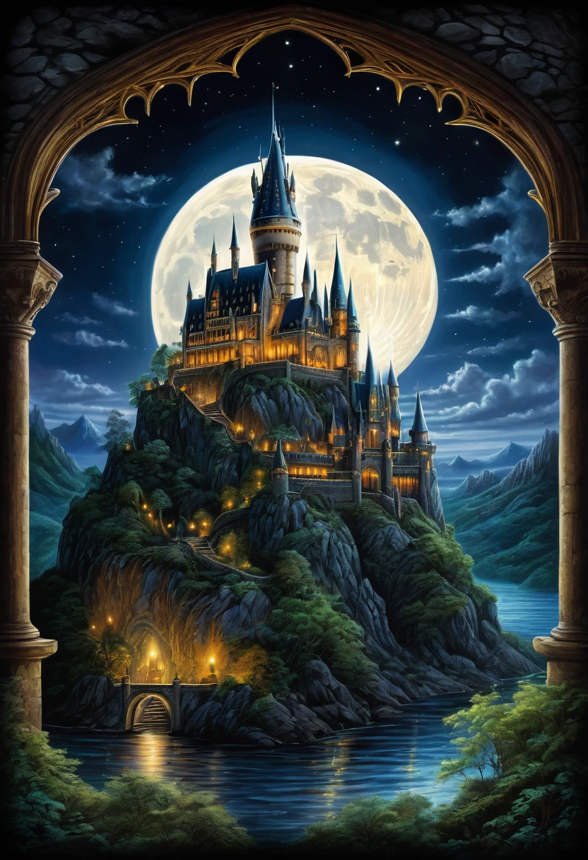 masterpiece. Castle poster with full moon in the background, View from the cave, Pure black background above and below. Detailed drawing inspired by Gaston Bussiere, shutter, Fantasy Art, Magic Castle, Magic Background, Glowing Castle. The Art of Harry Potter, Detail Enhancement. Very detailed magic, Dream Castle)). mystery, Background Hogwarts, background hogwarts, Magic Castle school on the hill, fairytale painting, Magical composition, Night view