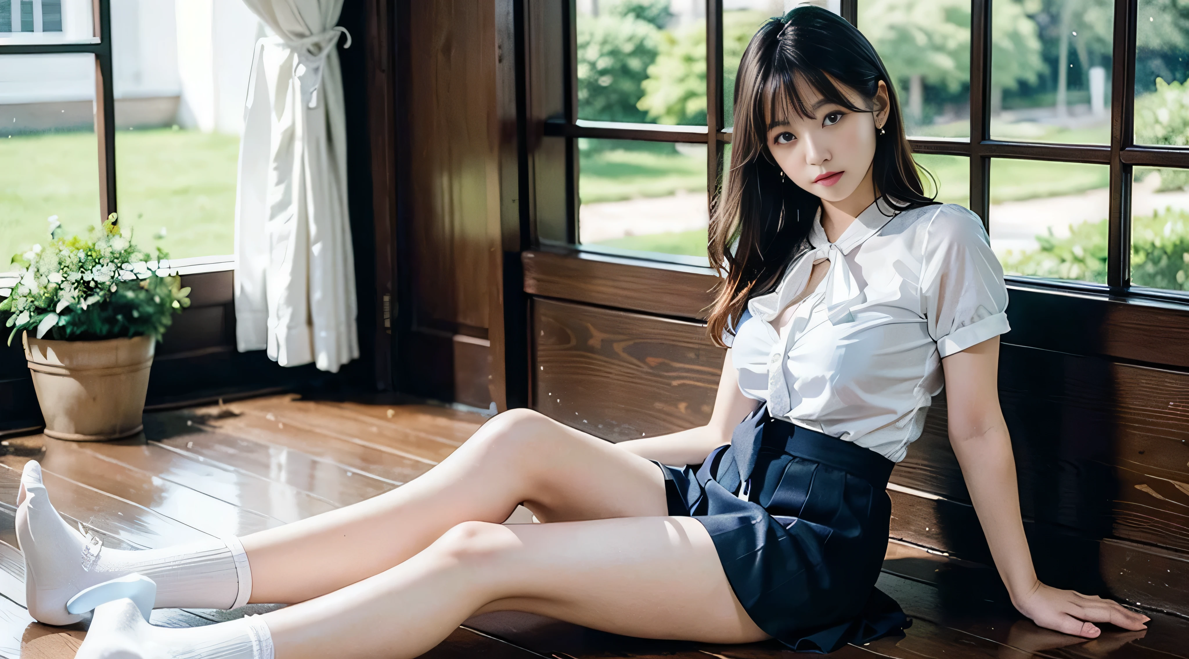 ((Bright garden porch background))、(Lo-Fi)、(Soft Focus)、High resolution、4K、Ultra high definition、Ultra high definition、Ultra-realisticシャドウ、Ultra-realistic、Dramatic lighting、Japanese women、One Girl、solo、Detailed face、Realistic eyes、Realistic Skin、Dynamic hair、Dynamic pose、Dynamic Angle、(White blouse)、(Dark blue bow tie)、(((Dark blue mini skirt))))、(((White short ankle socks with folded edges))))、 White background、(Raw photo:1.2)、(Photorealistic:1.4)、Beautiful detailed woman、Very detailedな目と顔、Beautiful detailed eyes、Huge file sizes、Super detailed、High resolution、Very detailed、Highest quality、(Bright indoors)、(Soft Light)、(Low contrast)、(Shallow depth of field)、(portrait of a beautiful woman illuminated by gentle light)、(Very delicate and elegant depiction)、(Short length bangs)、 (Hair color is dark chestnut with a slight brownish tint)、(Subtle gentle wavy hair)、(((White short ankle socks with folded edges)))、An illustration、Very detailed、CG、Unite、8k wallpaper、wonderful、Fine details、Highest quality、Very detailedなCGUnite8k wallpaper、Face Light、Cinema lighting、1 Girl、Age 25