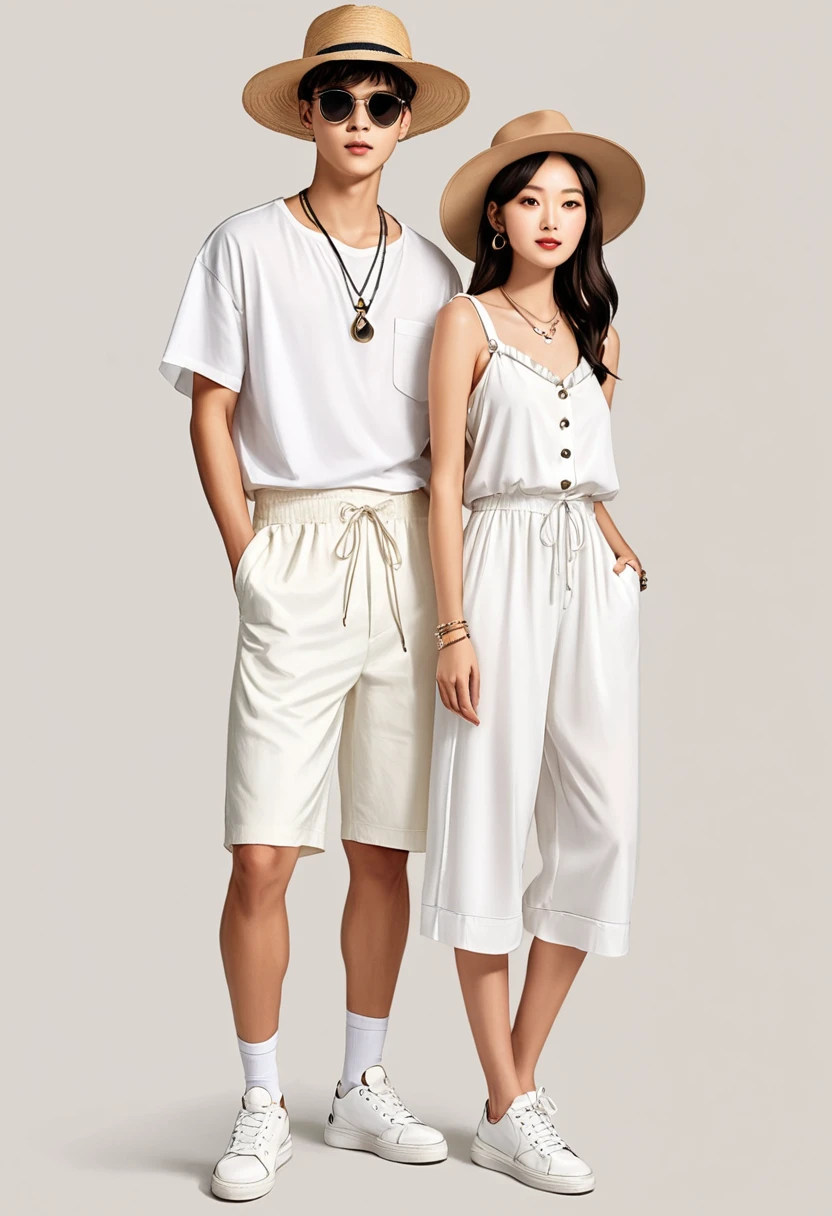 candid fashion illustration of young Asian man and woman, both aged 20 year old, ((showcase fashion look book in a White rayon outfits)), inspired by Zara's resort collection in elegant young bohemian style. The man wears an oversized short-sleeved bowling white shirt with a pocket details, paired with relaxed-fit white Sports Wide Leg Shorts Baggy short and Drawstring, He completes his look with white sneakers, sunglasses and bracelet. The woman complements him in a white Ankle-length dress, Calf-length, sleeveless dress in woven fabric featuring a round, frill-trimmed neckline and a keyhole opening with a button at the back of the neck. Smocked sections at the top and waist creating gathers. , Her ensemble includes an accessorizes with a wide-brimmed straw hat, white sneakers and necklace. Captured in a low angle, ((full-body image)), ((blank background)), sketching, realistic charcoal lines, imperfect drawing, fading sketch, fashion look book, fashion illustrator, sketch design,