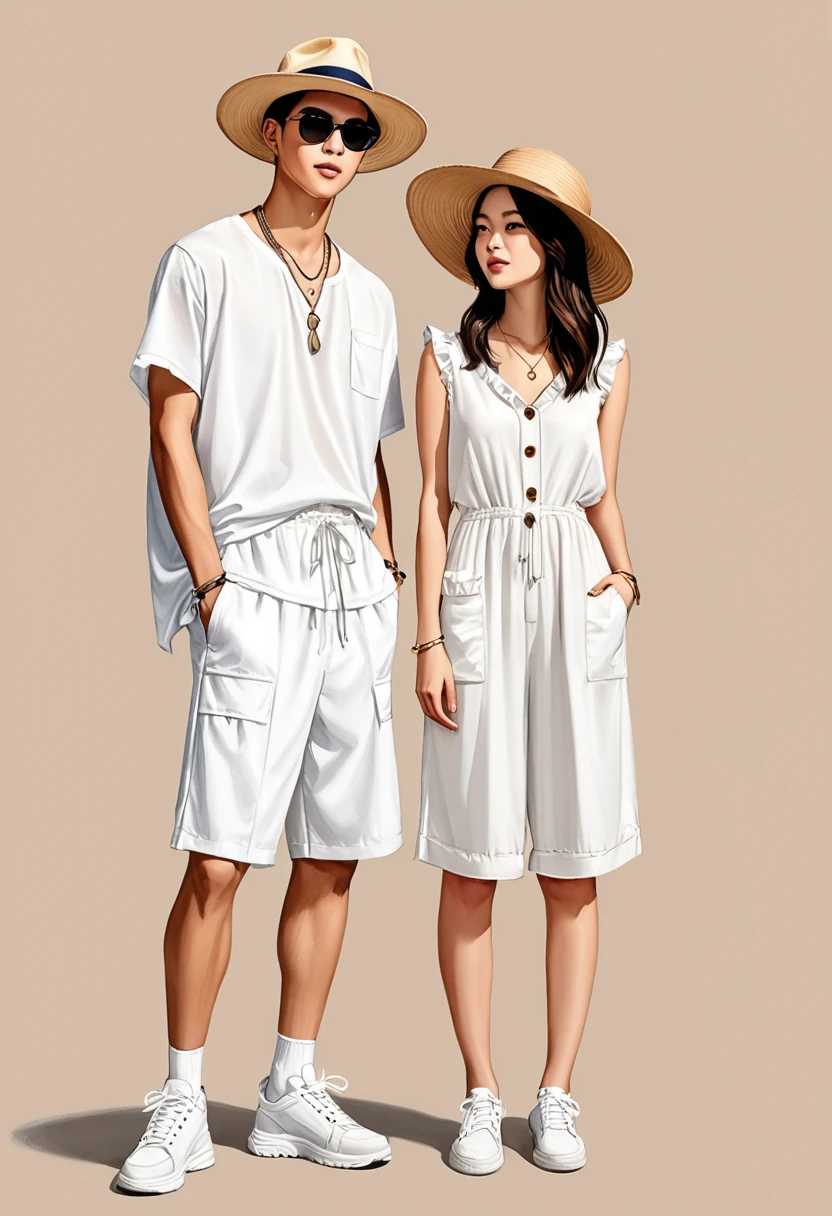 candid fashion illustration of young Asian man and woman, both aged 20 year old, ((showcase fashion look book in a White rayon outfits)), inspired by Zara's resort collection in elegant young bohemian style. The man wears an oversized short-sleeved bowling white shirt with a pocket details, paired with relaxed-fit white Sports Wide Leg Shorts Baggy short and Drawstring, He completes his look with white sneakers, sunglasses and bracelet. The woman complements him in a white Ankle-length dress, Calf-length, sleeveless dress in woven fabric featuring a round, frill-trimmed neckline and a keyhole opening with a button at the back of the neck. Smocked sections at the top and waist creating gathers. , Her ensemble includes an accessorizes with a wide-brimmed straw hat, white sneakers and necklace. Captured in a low angle, ((full-body image)), ((blank background)), sketching, realistic charcoal lines, imperfect drawing, fading sketch, fashion look book, fashion illustrator, sketch design,