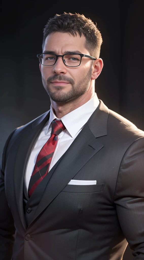 An award-winning original photo，A wild muscular man, (40 years old daddy:1.1), 1boy, Solo, (black suit), (white dress shirt), (red print necktie), (big shoulders), musculature, stubbles, Short beard, Beautiful eyes:1.3, ), (Detailed face:1.3), wearing glasses, smiles, Dynamic Angle, volumetric lighting, (Best quality, A high resolution, Photorealistic), Cinematic lighting, Masterpiece, RAW photo, Intricate details, hdr, depth of field, upper body shot