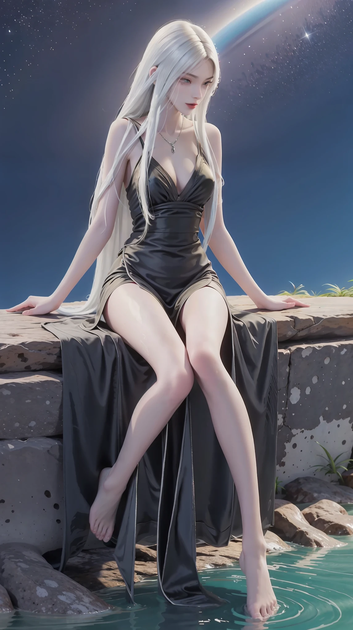 
cheongsam,((whole body)), ((Sitting)), ((The hem is long, Sexy long legs)), ((Bare shoulders)),model, Young beautiful girl, Striking an elegant pose, Charming pose, Heat and cold, Beautiful and delicate eyes, Full breasts, slim body, Features, masterpiece, best quality, official art, Rich details, Clear face, Professional lighting, Physically based rendering, Necklace, Light makeup，Starry sky background，Sitting on the stars，Red toenails，White long hair，Black robe