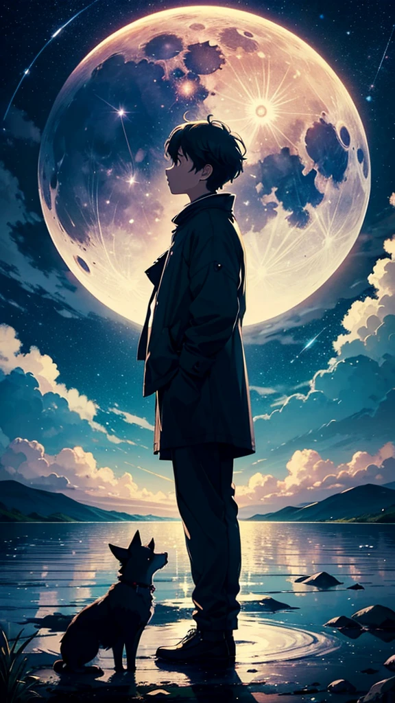 Create a serene, nocturnal landscape where billowing clouds fill the sky. The scene is illuminated by countless stars, and a boy stands beside his faithful dog, gazing up at a luminous, full moon. The soft, dreamy atmosphere captures a sense of wonder and companionship under the vast night sky.