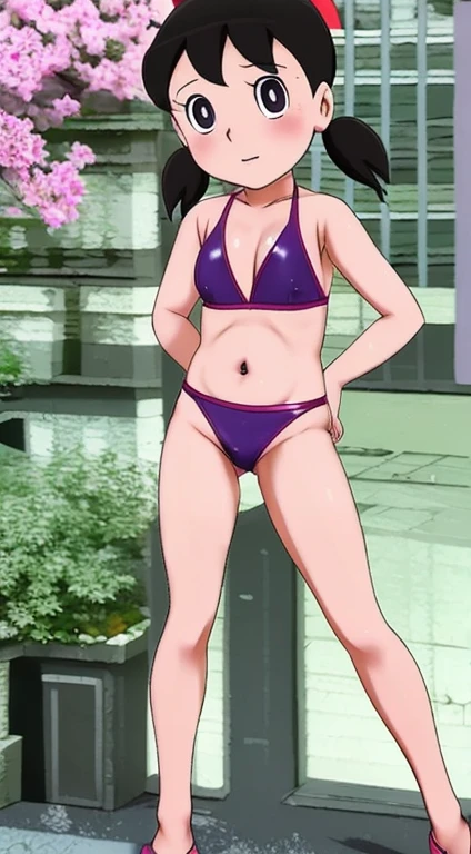 hinata hyuga, defined groin and abdomen, absurdrez, hinata\(boruto\), ((latex bikini)), 1girl, standing alone,Mature female, para o Viewer, (petals falling), perfect composition, Detailed lips, large breasted, beautiful face, body propotion, blush, (bunda grande e thicc thighs grossas), long  hair,  Purple eyes,  gentle look,  super realistic, circunstanciado, Photo Session, realistic face and body, thicc thighs