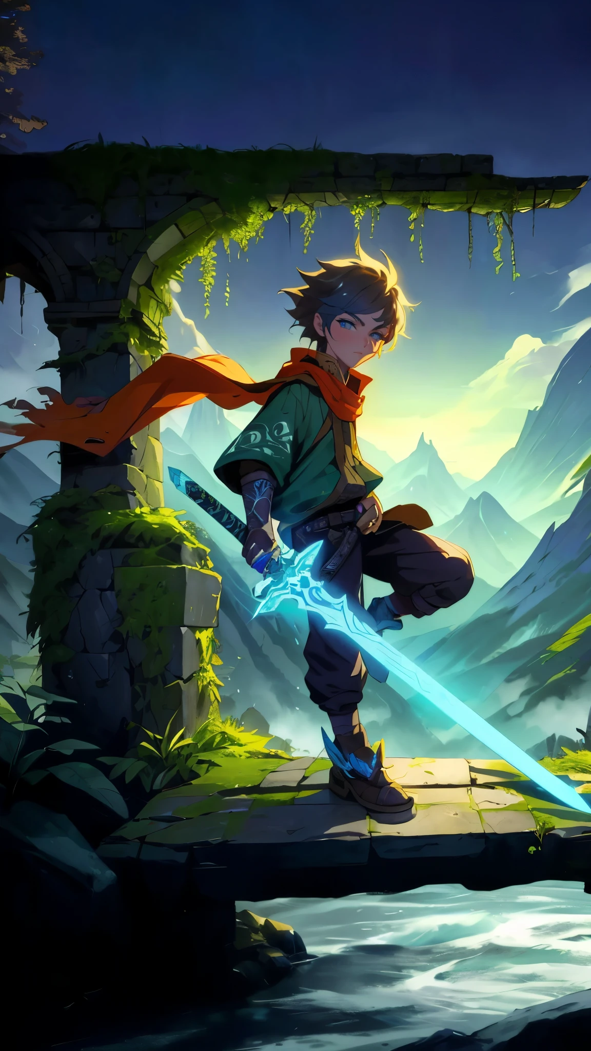 teenager boy with a glowing ancestral longsword, confidently perched on a moss-covered stone archway overlooking a misty mountain range. Fantasy, dramatic lighting, cinematic composition, ((glowing ancestral longsword)), ((cute anime face)), detailed facial features, detailed eyes, detailed lips, detailed nose, detailed ears, detailed hair, intricate clothing, dramatic pose, stunning landscape, atmospheric mist, glowing sword, magical energy, epic fantasy, vibrant colors, photorealistic, 8k, high resolution, masterpiece