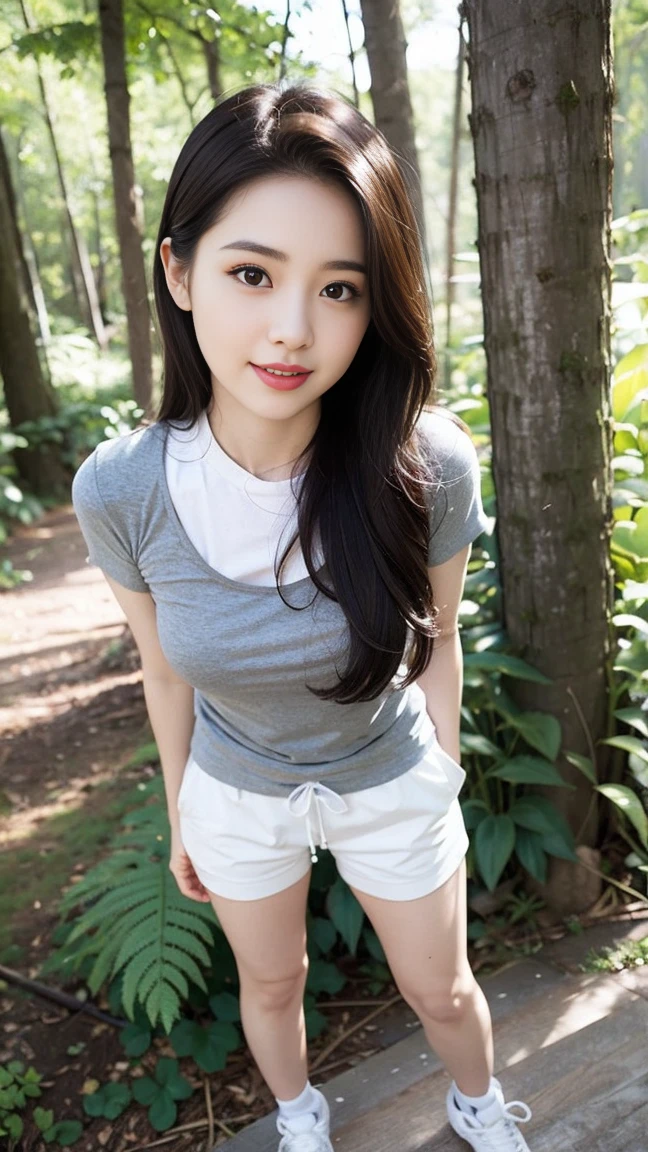 masterpiece, best quality, Surreal, Ultra Detailed, 8k resolution, RAW photos, Clear focus, (A girl in the forest), ((light gray shirt:1.1)),  Short sleeve, sports Shorts,Full body posture, Solitary, Perfect body, Become a, Bangs to eyebrows、Beautiful brown hair、Beautiful and delicate eyes、Brown eyes、Raise an eyebrow、High Nose、Small nostril、Little mouth、Tempting lips、Mouth slightly open、Beautiful breasts、Full body、Oval face, Both eyes, Both eyes皮, Long eyebrows, Long eyelashes, A faint smile, 32 inches in the chest,(a charming smile:1), (sexy pose)，(standing pose) ,26 years old, light,White shoes