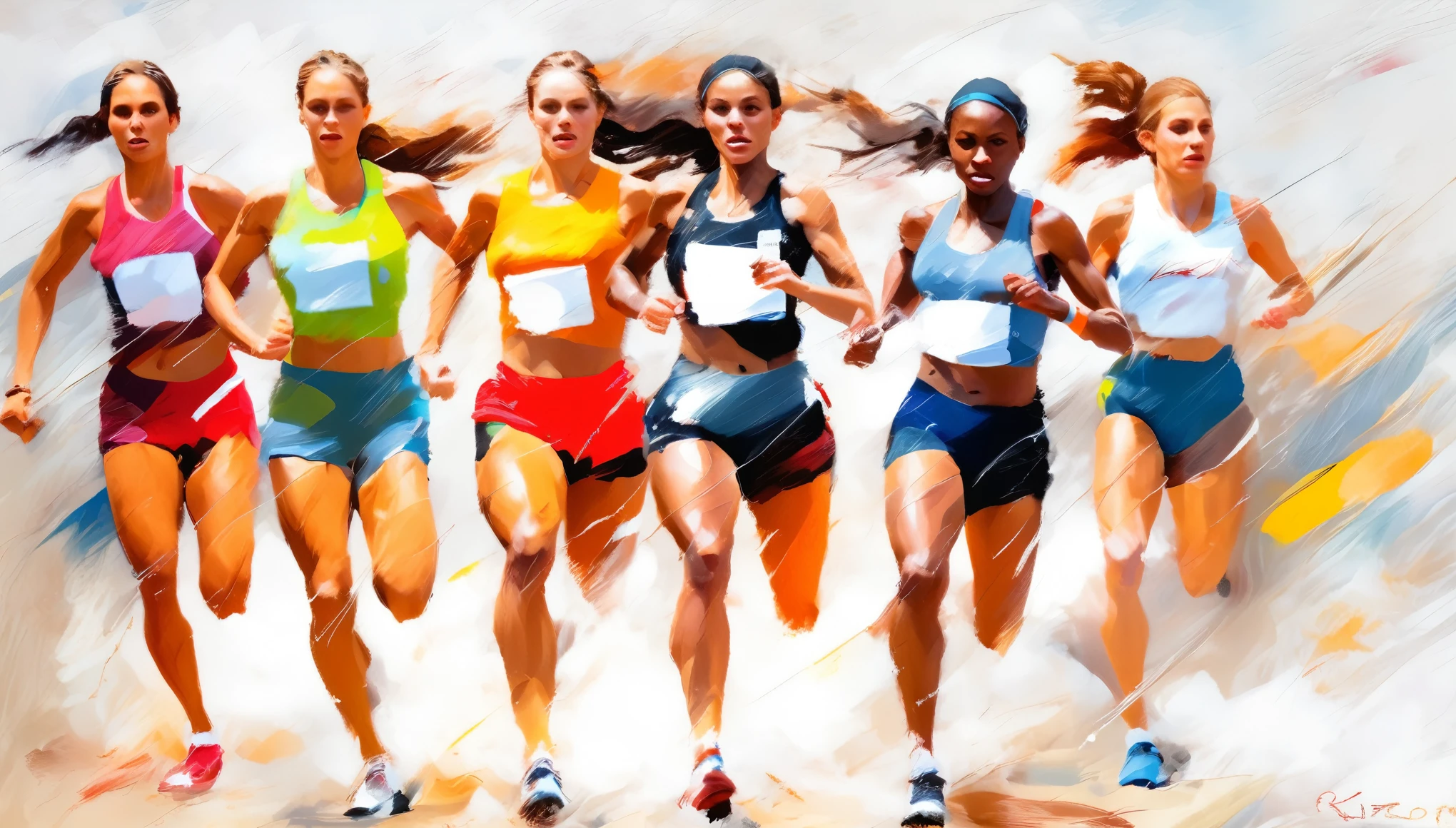 ( modern art , Rough Impressionist painting with visible brush strokes, speed lines :1.2), female track and field athletes from around the world, running contest,