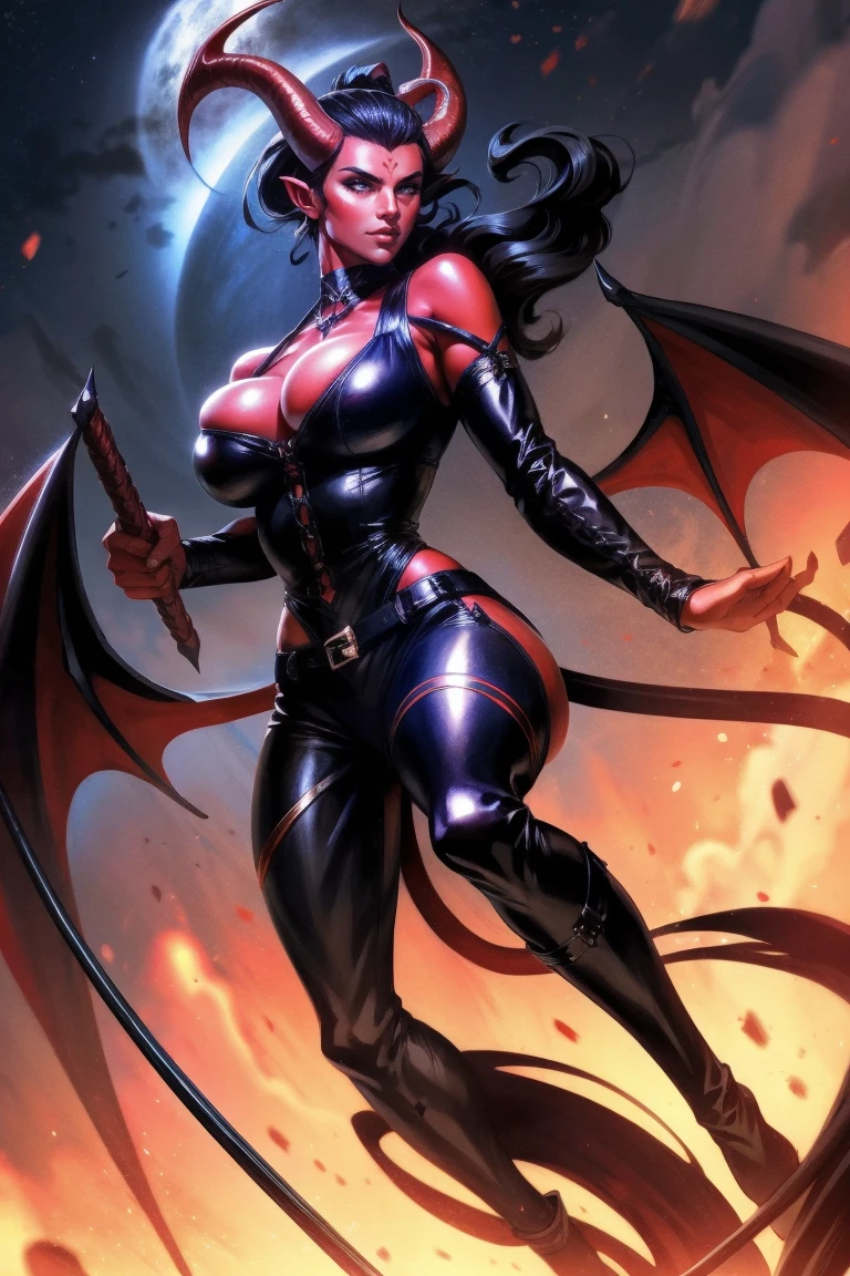 Red skin succubus tiefling, medium breasts, black horns, wings, huge tail, black leather, tall, toned, graceful, thin, long black ponytail. Action scene, whip. Dark scene, explosions, night sky.