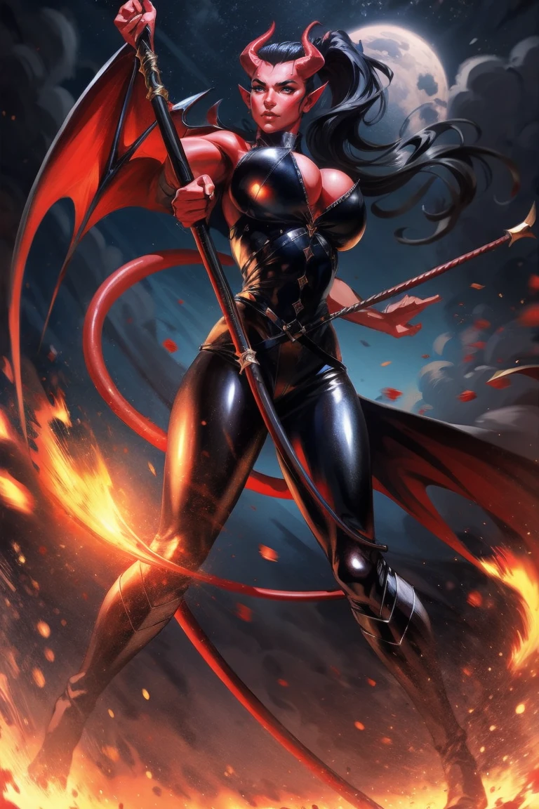 Red skin succubus tiefling, medium breasts, black horns, wings, huge tail, black leather, tall, toned, graceful, thin, long black ponytail. Action scene, whip. Dark scene, explosions, night sky.