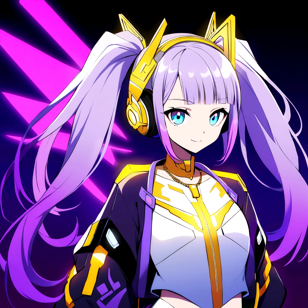 Anime girl with long purple hair, often in twin tails, with blue gradient tips. Vibrant blue eyes. Futuristic outfit with LED accents, typically in purple and white. Cyberpunk-style headphones. Gold accessories like necklace or tie pin. Confident and friendly expression. Sleek, high-tech appearance with a mix of pop and edgy elements."