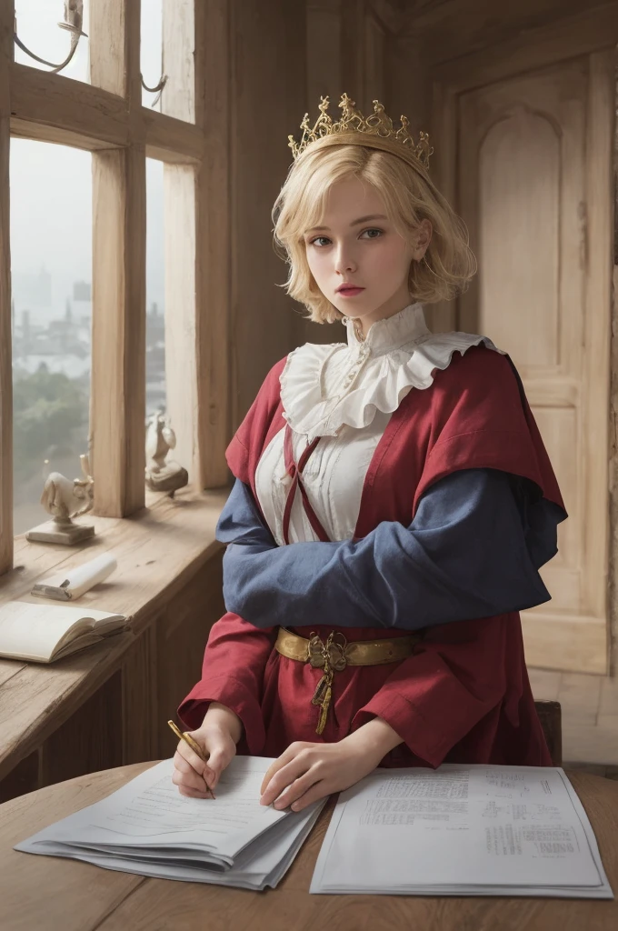 (Masterpiece: 1.2, Best Quality), Realistic, (Realistic Picture, Complex Details, Depth of Field), Best Quality, Masterpiece, Highly Detailed, Semi Realistic, 1 Girl, Mature Female, 21 Years Old, Blond Hair, Shoulder length Short Hair, Left Eye Covered with Hair, Blue Eyes, King's Clothes, Red Cloak, Slim Figure, Crown Made of Precious Gold, Reading Documents, Marking Documents, Goose Hair Pen, Office Table, Soft Bench, Palace, In the palace, during the Middle Ages