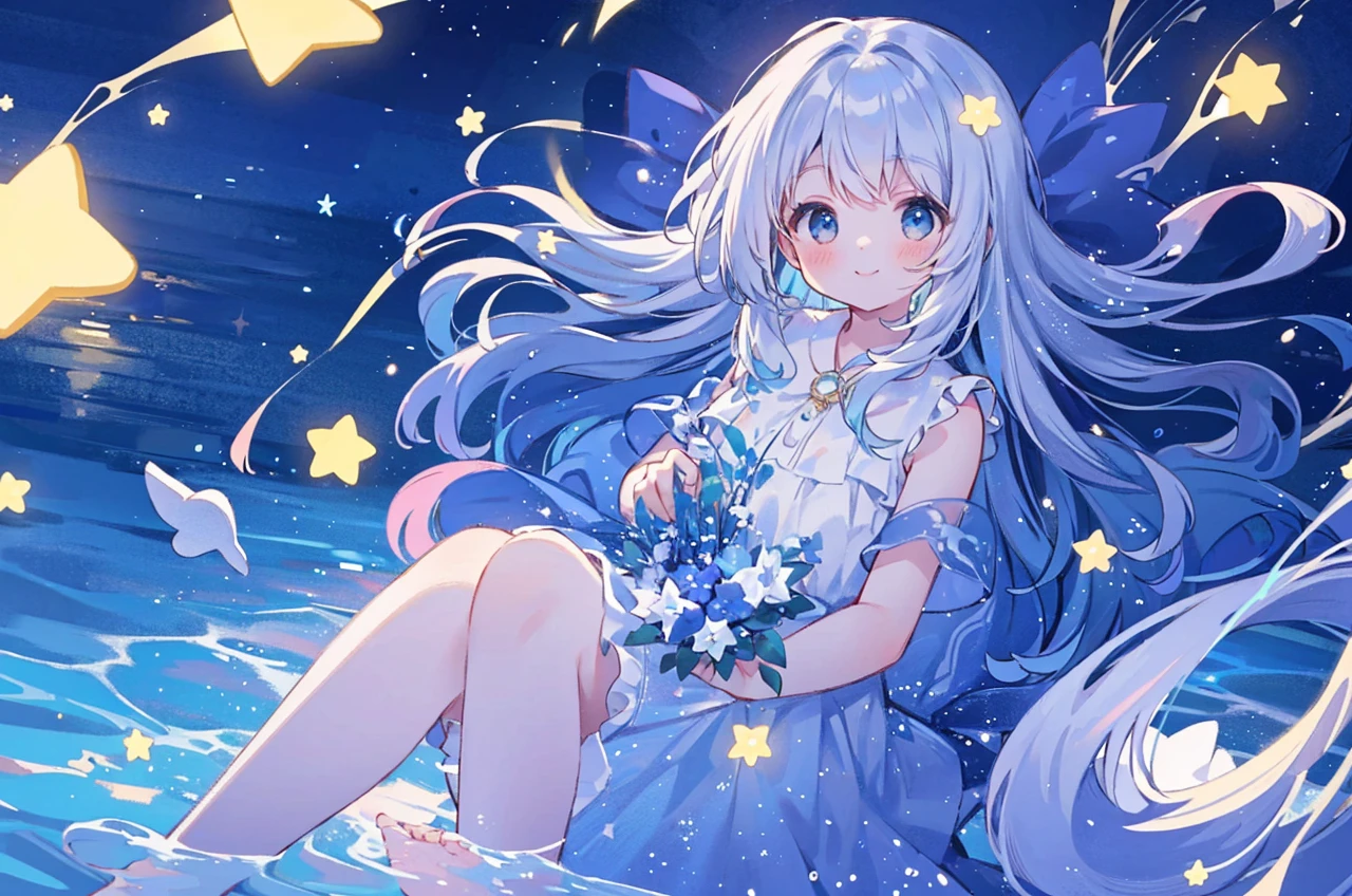 an ocean of stars, night sky, colorful, ethereal, charming girl in a white tutu, white hair, walking on the water, Her smile was filled with tenderness and joy, giant crescent white moon dipping into the water in the background, magical, whimsical, dreamscape, dreamy, fantasia, fantasy