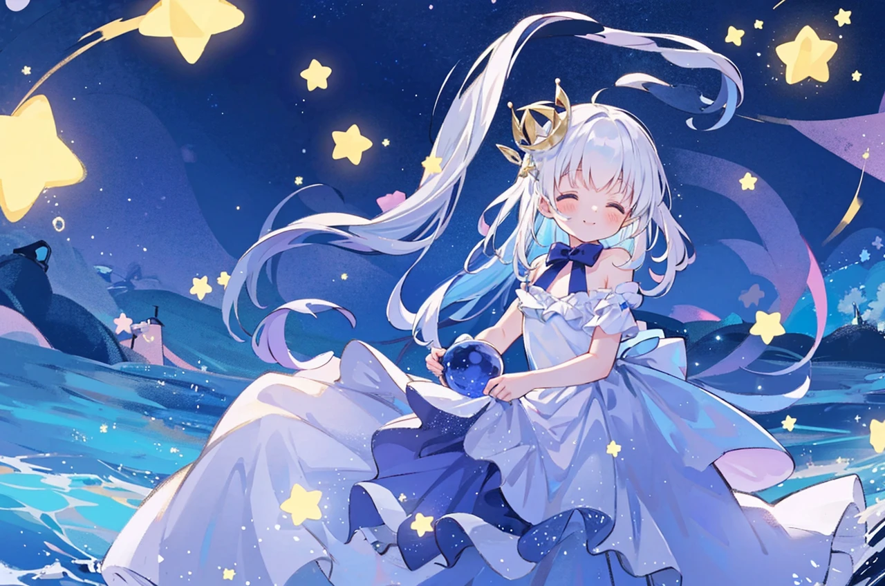 an ocean of stars, night sky, colorful, ethereal, charming girl in a white tutu, white hair, walking on the water, Her smile was filled with tenderness and joy, giant crescent white moon dipping into the water in the background, magical, whimsical, dreamscape, dreamy, fantasia, fantasy