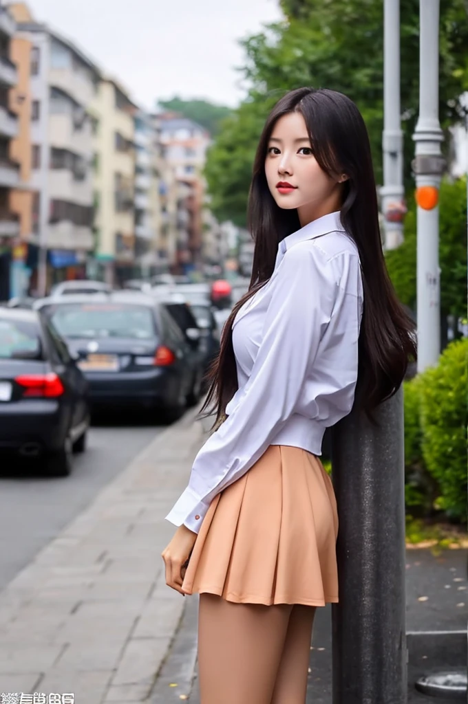 a 17 year old girl, she is the most beautiful actress in the world, the perfect body proportions of this girl, her large breasts are clothed by the formal shirt within firmly closed blazer, the short skirt is hiding 99% range of the panties but 1% between her bare legs is not, there's no photo space above her head, her feet are out of photo space, all her body is just looking straight forward to viewer of this photo, she is standing straight at the street, nsfw, best quality, highly detailed, masterpiece, ultra high res, photo realistic, 8k, RAW photo