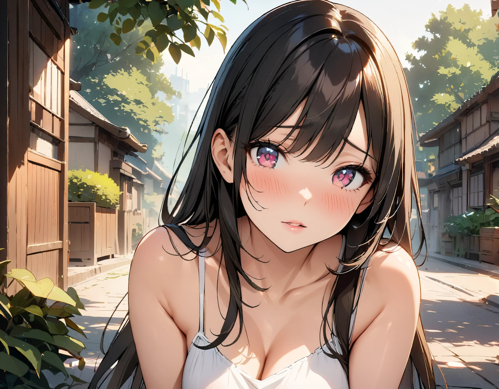 1 lady, Beautiful asian lady, Long straight hair, beautiful face, detailed face, delicate eyes, detailed pupil, beautiful and delicate lips, white camisole long skirt, Simple and stylish, hand drawn animation, high detailed, outdoor, blush, shy, heart, in love, symmetrical clothes, best quality, masterpiece, retina