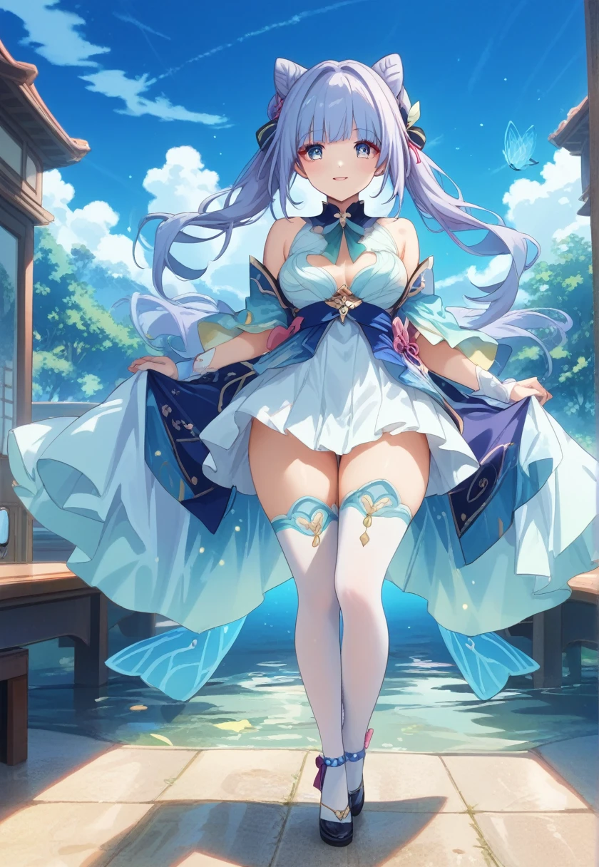 A woman in an anime-style short dress is walking, Gorgeous cosplay, Full body fairy, From System 2, Complicated costumes, Thick and smooth Warframe thighs, Keqing of Genshin Impact, Glamorous costumesを着ている, Glamorous costumes, Dressed like a priest, Beautiful Women of Warframe, Beautiful female priest, Ayaka Genshin Impact, Fantasy Costume