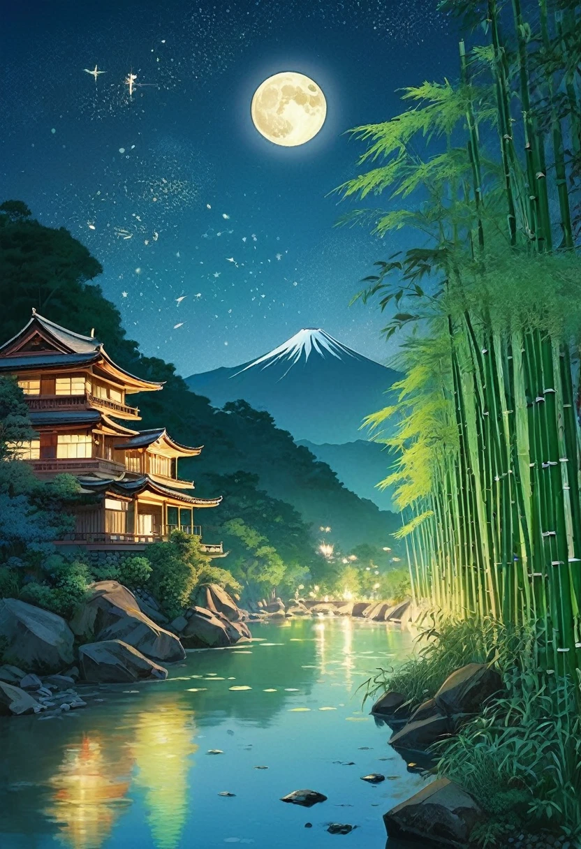"Tanabata Night、Under the shining starry sky、Bamboos decorated with many strips of paper are swaying along the bank of a stream surrounded by bamboo forest.。Colorful wishes are written on the strips of paper.、The sound of bamboo rustling in the wind brightens up the quiet night。A small lantern floats on the river、A faint light reflects on the water。In the background、Distant Mountain々And the full moon appeared、It creates a romantic atmosphere。"