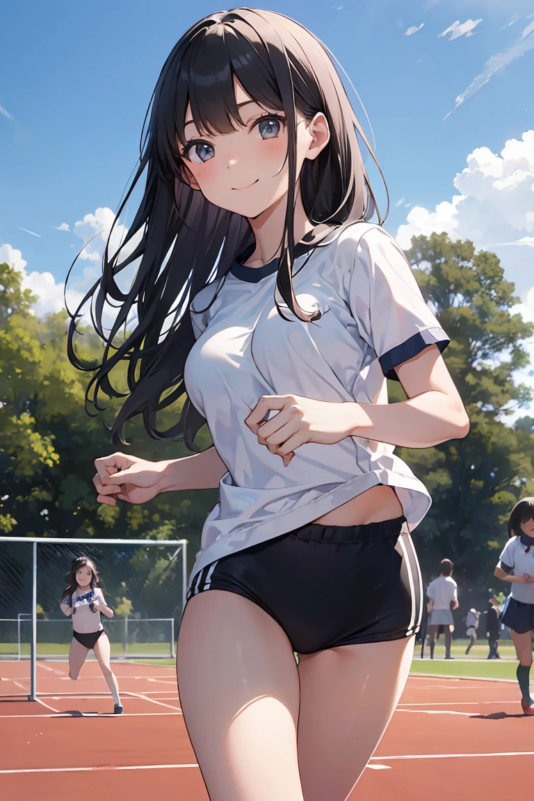 Absurd, masterpiece, Very detailed, Schoolyard、A black-haired high school girl running on the playground、Black bloomers, White gym clothes、hurdle、Sports Field,Outdoor, Medium Long Hair、smile、Beautiful breasts
