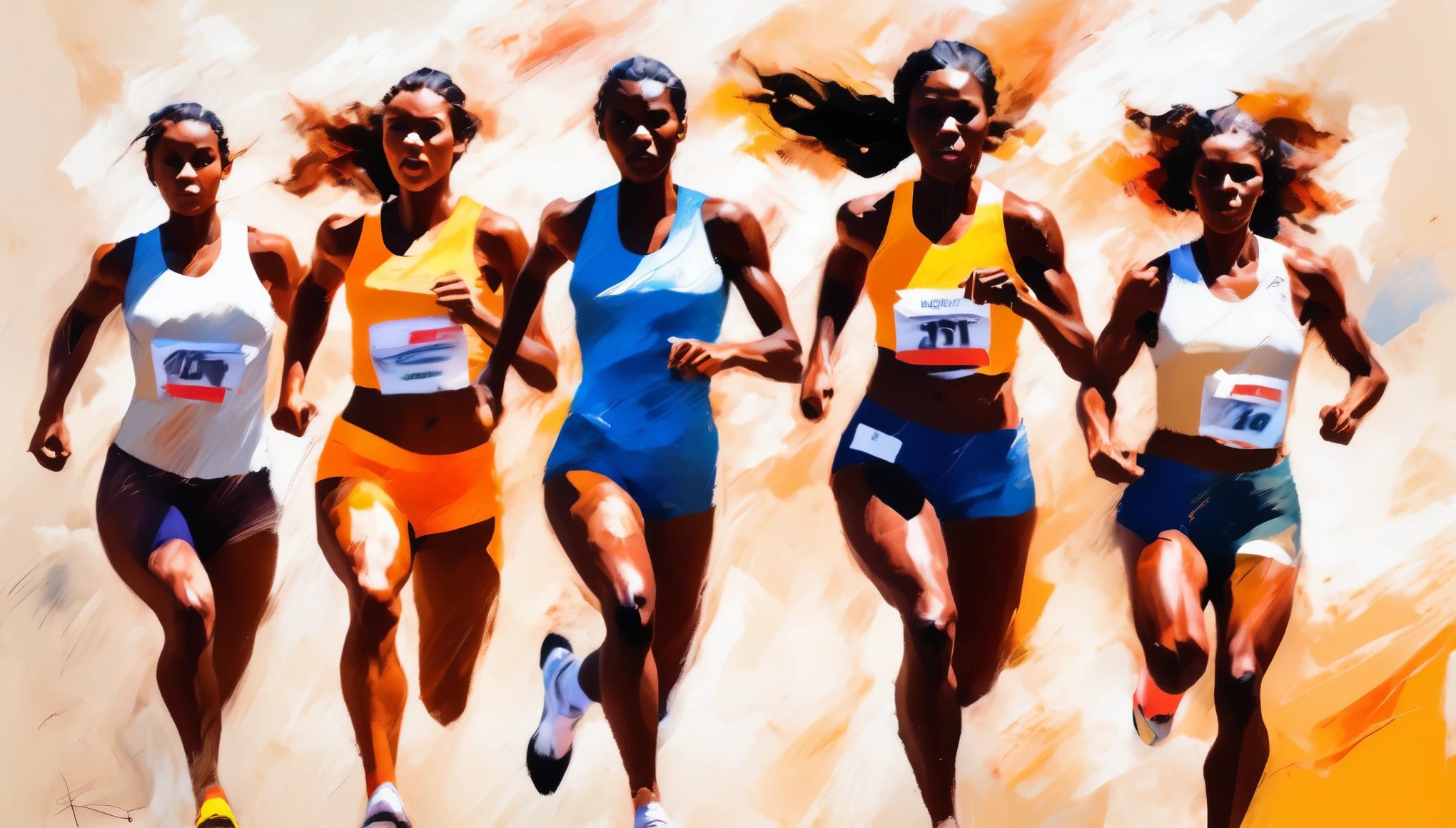 ( modern art , Rough Impressionist painting with visible brush strokes, speed lines :1.2), female track and field athletes from around the world, running contest,