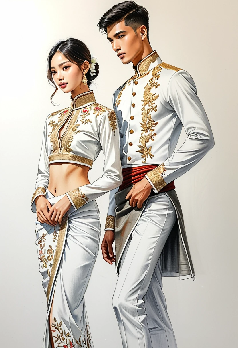 candid fashion illustration of two young man and women, 18 year old, adorned in a meticulously crafted North Thai traditional outfit, ((showcase fashion in a Northern Thai style, cotton handwoven in white color)), simple elegant and luxury style, The man wears a simple long-sleeved white mandarin collar shirt, paired with white Tailor pants, and shoes, The woman complements him with white tubular skirt or Sarong with simple patterns, ankle-length, fitted intricately decorated blouse that complements the skirt. Captured in a low angle, ((full-body image)), stands gracefully against the white backdrop. Their attire simple with intricate embroidery and white accents, each element carefully chosen to reflect the rich Lanna cultural heritage, ((white studio background)), realistic color pencil lines, perfect drawing, charcoal lines, fading sketch, quick Sketch, soft light, fashion illustration, fashion sketching